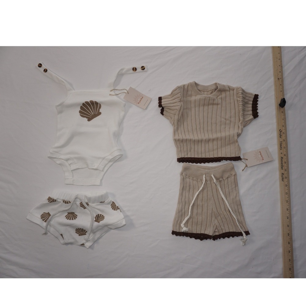 Wyld Bub Baby Waffle Knit Romper And Ribbed Short Sets Tan White Shell